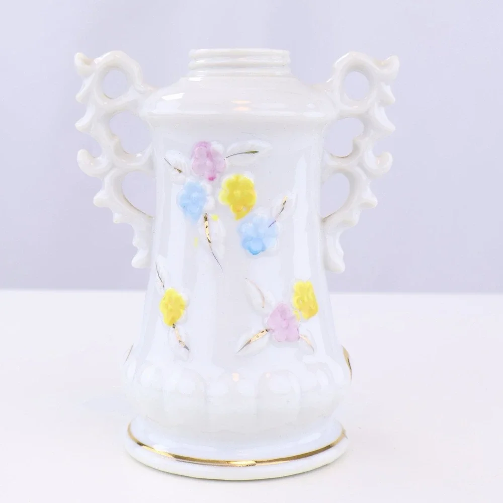 Vintage White Milk Glass Floral Vase Gold Gilt Pink Rose Double Handle 5